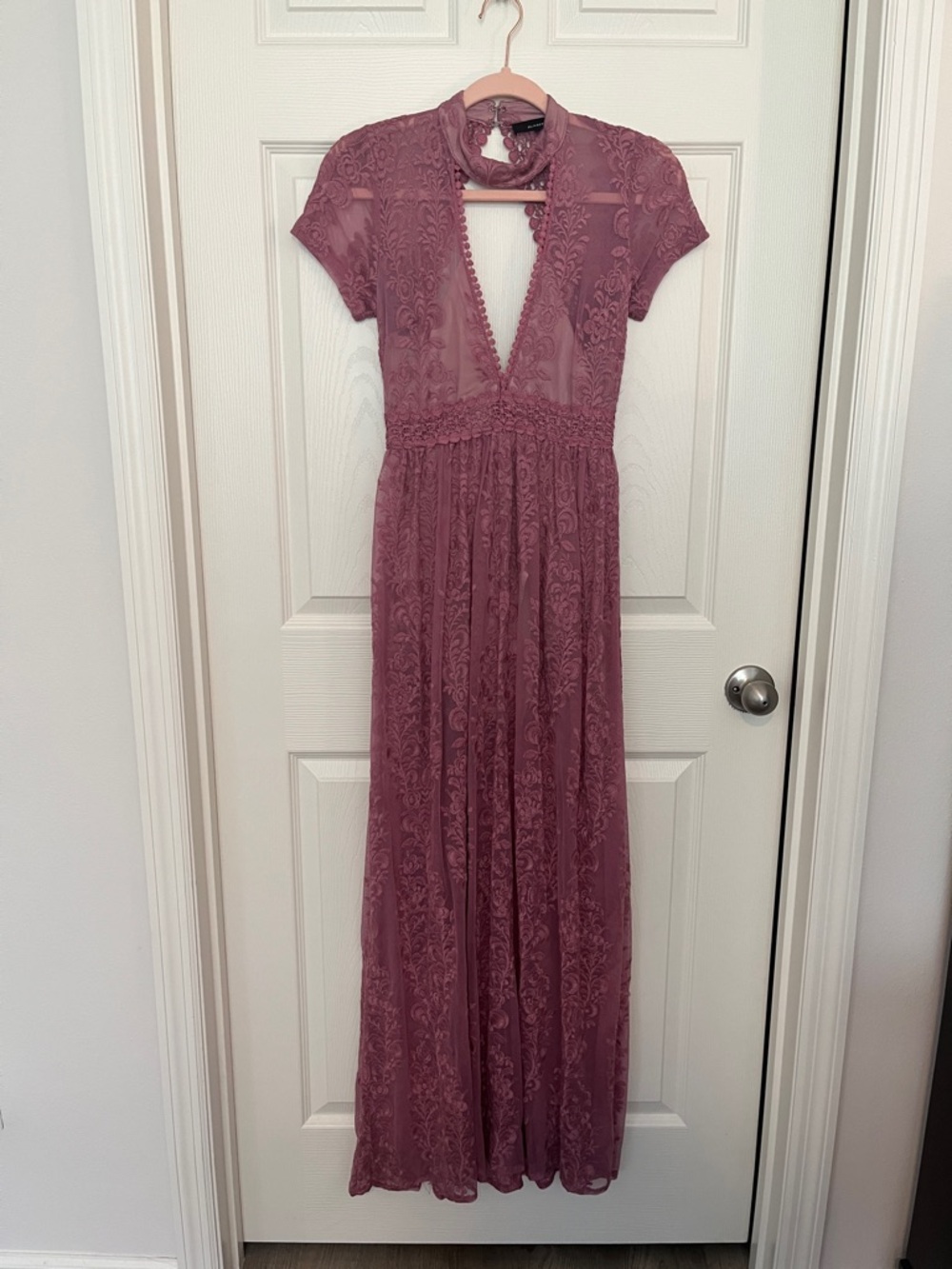 Olivaceous Mauve Lace Maxi Dress with Deep V-Neck